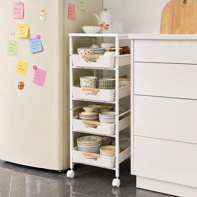 Garvee 5-Tier Slim Rolling Storage Cart, 12.6" Wooden Top Narrow Kitchen Carts on Wheels with Pull-Out Baskets, Mobile Shelving Unit Organizer for Kitchen, Bathroom, Laundry Room, Small Spaces - Image 2