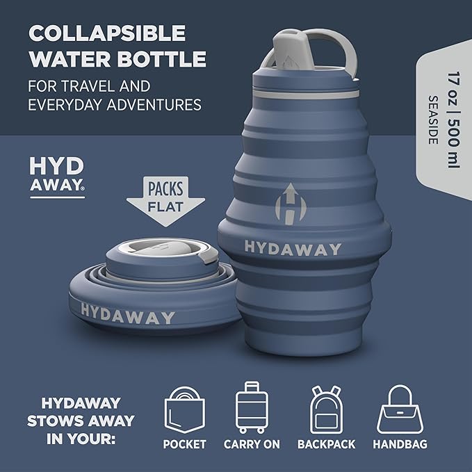 HYDAWAY 17oz Collapsible Water Bottle, Packable Leakproof for Travel | Travel-first design. Fold flat to 1.5 in for carry-ons, purses, seatbacks. Leakproof, BPA-free, dishwasher safe. - Image 2