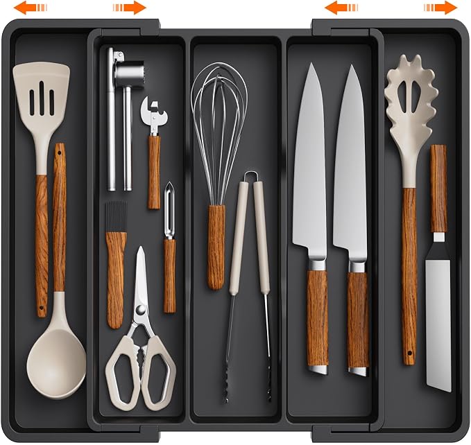 Lifewit Utensil Organizer for Kitchen Drawers, Expandable Utensil Tray | Adjustable Cooking Cutlery Silverware Flatware Holder, Plastic Spatula Tools Storage Divider, 13-22 x 15", Black by Lifewit