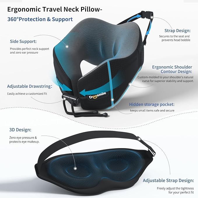 Patented Head-Bobble-preventing Ergonomic Travel Neck Pillow Combo | Game-Changer Adjustable & Detachable Seat Strap for Head-stability，Exclusive Golden Formula Memory Foam，3D Contoured Eye Mask - Image 5