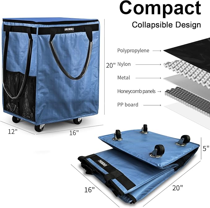(Medium,Blue) Reusable Grocery Bag on Wheels, 70L Foldable Rolling Tote, Extra Storage for Shopping, Laundry & Moving, Zipper Clouser Shopping Carts for Camping, Moving, 4 Heavy Duty Wheels - Image 4