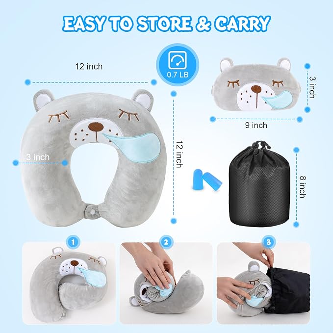 Cirorld Travel Pillow for Kids Adult Cute Neck Pillow for Traveling Memory Foam Airplane Pillow Sleep Mask Animal Flight Pillow Head Rest Neck Support for Cars Long Flights (Bear, 9-12 Y/O) - Image 8