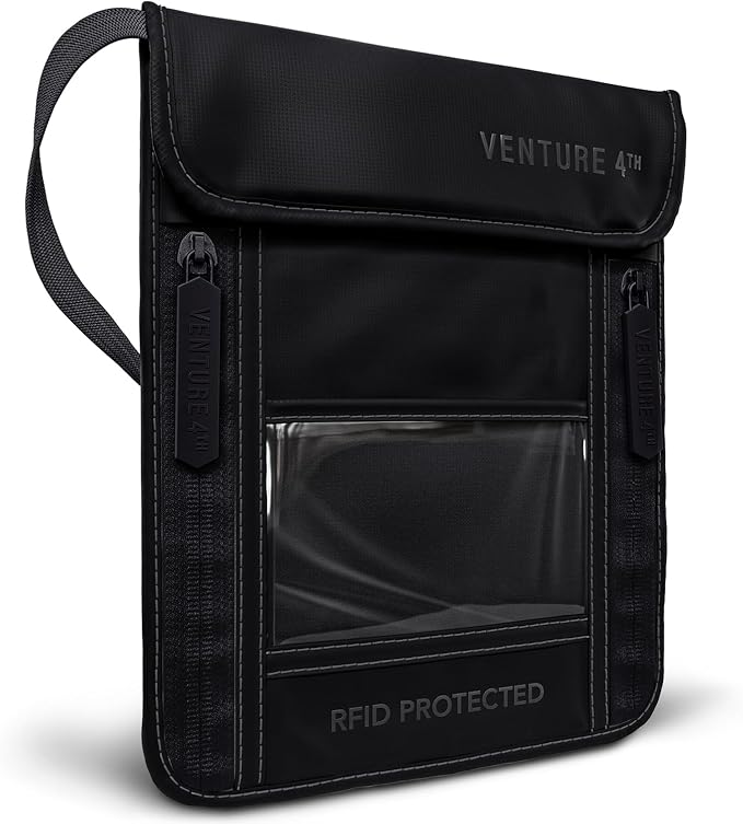 VENTURE 4TH Travel Neck Wallet, RFID Blocking Passport Holder - Sleek Black by VENTURE4TH