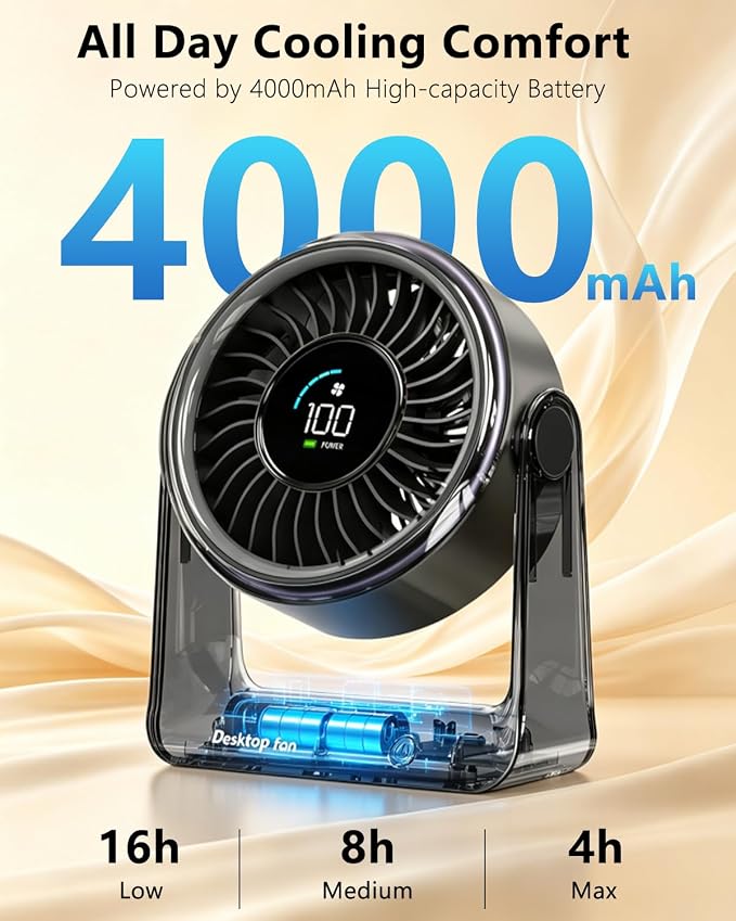 USB Small Quiet Desk Fan, Turbo Table Fan with Night Light, 6 Speeds Digital Display, 360° Rotation, 4000mAh Rechargeable Battery Air Circulator Desktop Fan for Bedroom Home Office, Black - Image 5