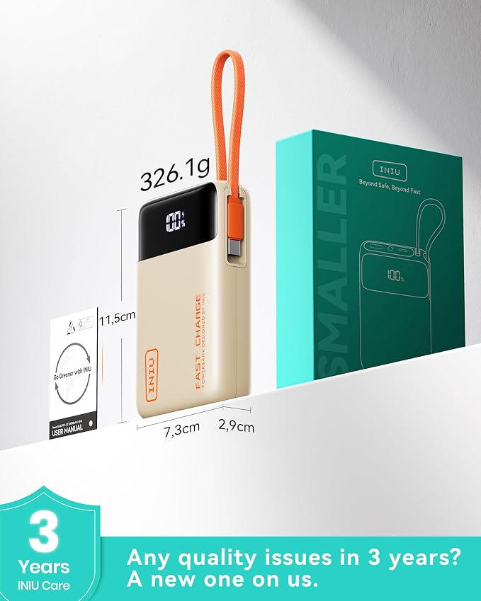 INIU 20000mAh Portable Charger, Smaller 45W Fast Charging Travel Power Bank | Flight-Safe, Built in USB-C Cable, Travel Essential, Battery Phone Pack for iPhone 17 16 Pro, Samsung S26, iPad etc, Beige - Image 8