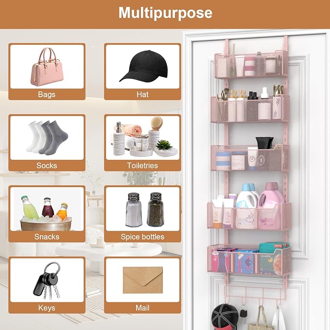 VyGrow Over The Door Organizer, Metal Door Organizer Hanging with 5 Adjustable Baskets and Coat Hook, Behind The Door Storage for Bedroom Closet Bathroom Pantry Cabinet Kitchen, Pink - Image 8