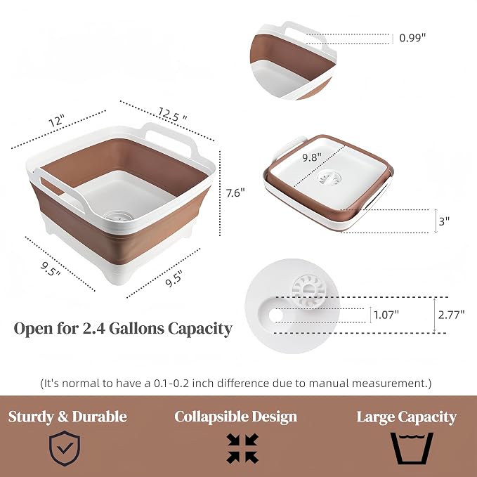 Collapsible Wash Basin for Baby Bottles - 2.4 Gallons Portable Wash Bin for RV Camping Sink, Space-Saving Dish Tub (Mocha) - Image 3