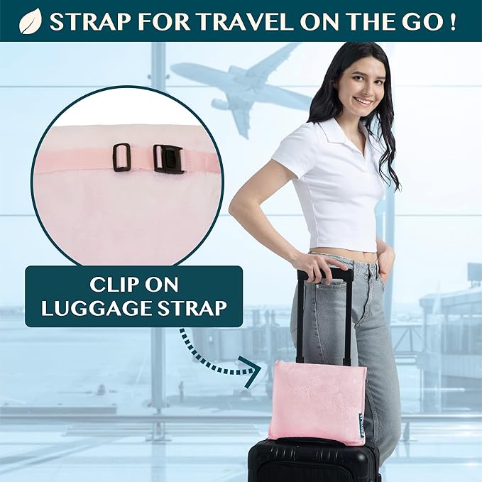 PAVILIA Travel Blanket Pillow, Soft Airplane Blanket 2-in-1 Combo Set, Plane Blanket Compact Packable, Flight Essentials Car Pillow, Travelers Gifts Accessories, Luggage Backpack Strap, 60x43 Pink - Image 3