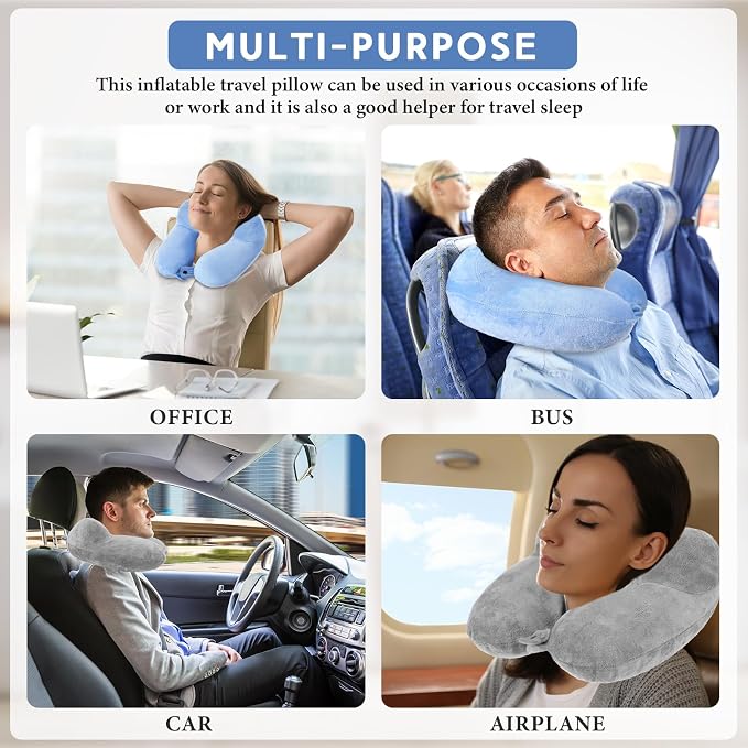 Sintuff 2 Pack Inflatable Travel Pillow for Airplanes Inflatable Neck Flight Pillows with Compact Bag and Blindfold for Traveling, Airplane, Train, Car, Office(Light Gray and Sky Blue) - Image 7