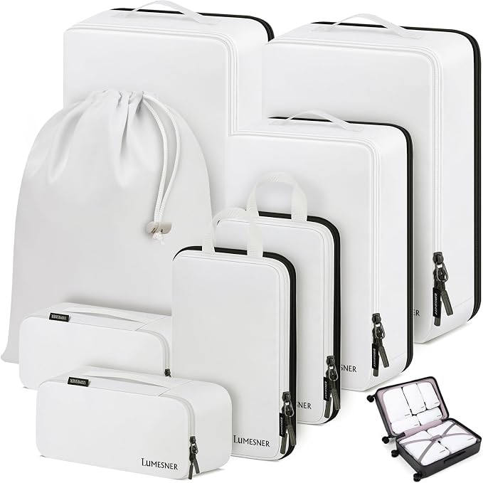Compression Packing Cubes, Lumesner 8 Set Travel Packing Cubes for Carry on Suitcases, Compression Suitcase Organizers Bag Set & Travel Cubes(8-piece, White) by Lumesner