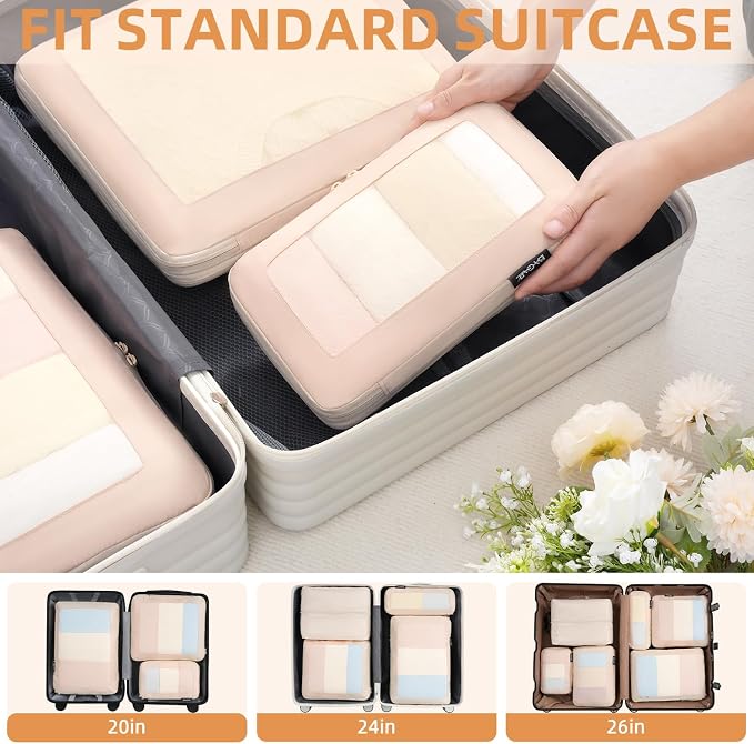 BAGAIL 4 Set/6 Set/8 Set Compression Packing Cubes Travel Accessories Expandable Packing Organizers (Square Mesh, 05-Cream) - Image 6