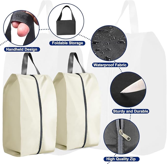 5Pcs XL Travel Shoe Bags Portable Travel Gifts Shoe Organizer with Zipper Closure, Waterproof Nylon Shoe Storage Organizer with Handle Travel Bags For Men and Women, Beige - Image 3