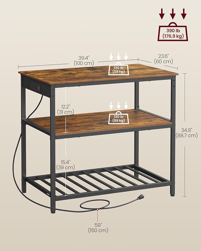 VASAGLE Kitchen Island with 3 Shelves, 39.4 Inches Width Kitchen Shelf with Power Strip, Large Worktop, Stable Steel Structure, Industrial, Easy to Assemble, Rustic Brown and Black UKKI105K01 - Image 3