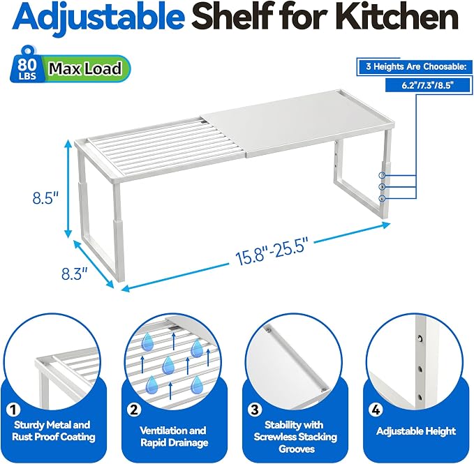 Expandable Cabinet Shelf Organizer, Stackable Countertop Shelves, White | 15.8''- 25.5'' In Cabinet Shelf, Adjustable Kitchen Cabinet Organizer for Pantry Organizer, CupBoard Organizers and Storage - Image 7
