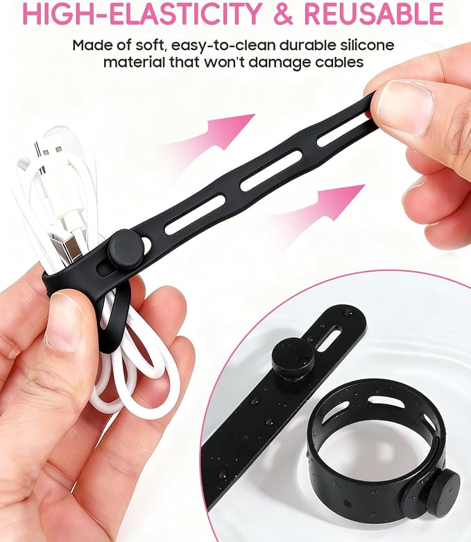25Pack Silicone Cable Ties,Reusable Cord Organizer for Bundling Electrical Cords,Adjustable Data Cable Organizer Ties,High Elasticity Cable Straps for Home/Office/School/Travel(Black) - Image 3
