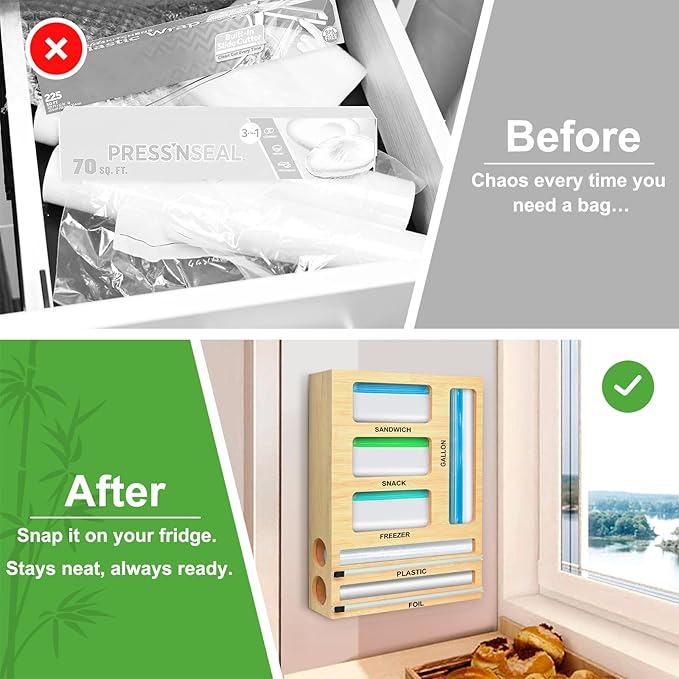 MSJGA Magnetic Food Bag Storage Organizer for Drawer or Refrigerator | Ziplock Bag Organizer, Compatible with Gallon,Quart, Sandwich, Snack & Variety Size Bags, Bamboo, 12.7"W x 16.6"H x 4"D - Image 6