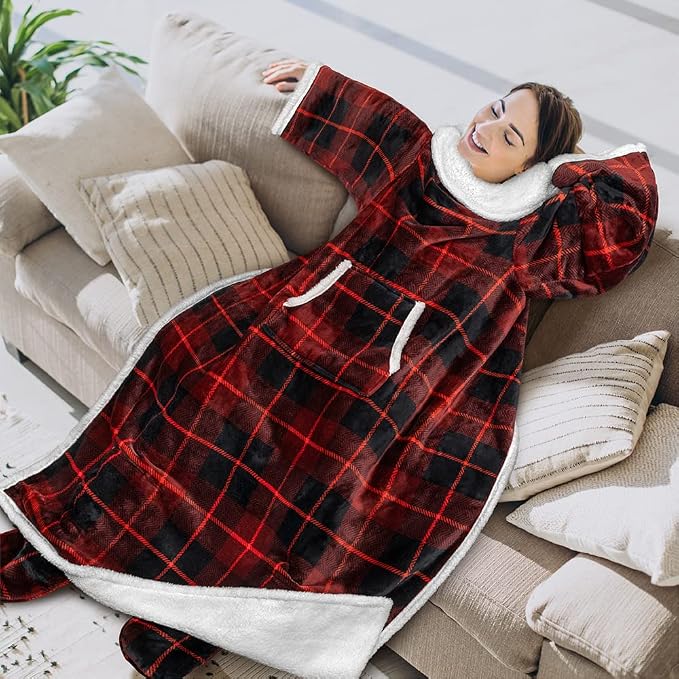 PAVILIA Sherpa Blanket with Sleeves, Foot Pocket for Women Men Adults, Thick Wearable Blanket Throw Wrap, Fleece Warm Snuggle Blanket Robe, Cozy Gift Ideas Wife Mom, Plaid Red - Image 3