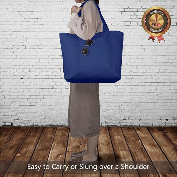 TOPDesign 1-Pack Canvas Tote Bag with an External Pocket, Reusable Grocery Shopping Bag, Top Zipper Closure, Daily Essentials (Blue) - Image 2