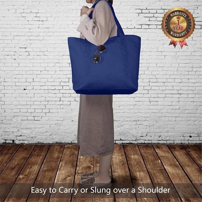 TOPDesign 30-Pack Canvas Tote Bags with an External Pocket, Reusable Grocery Shopping Bags, Top Zipper Closure, Daily Essentials (Blue) - Image 2
