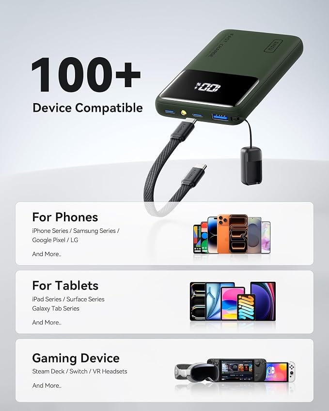 INIU Power Bank, Compact 10000mAh 45W PD Fast Charging Portable Charger | Detachable USB-C Cable, Stand, Flight-Safe, Travel, Flashlight, Battery Pack for iPhone 17 16, Samsung S26, iPad etc, Green - Image 6