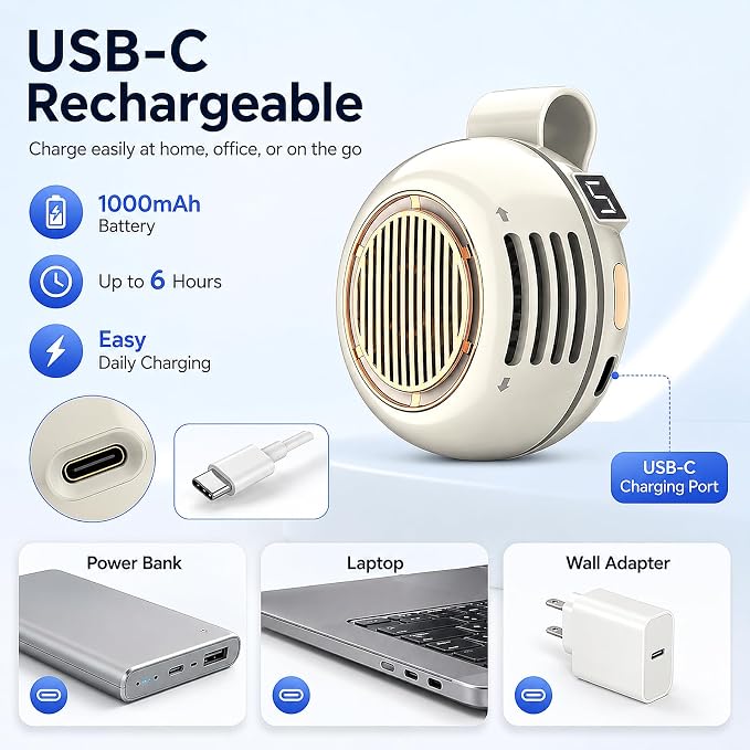 Portable Clip on Fan, Bladeless Waist Clip Fan with 5 Speeds, USB-C Rechargeable Mini Quiet Fan, LED Display, 1000mAh Battery, 82g Lightweight, Up to 6 Hours for Outdoor Office Travel Sports, Beige - Image 5