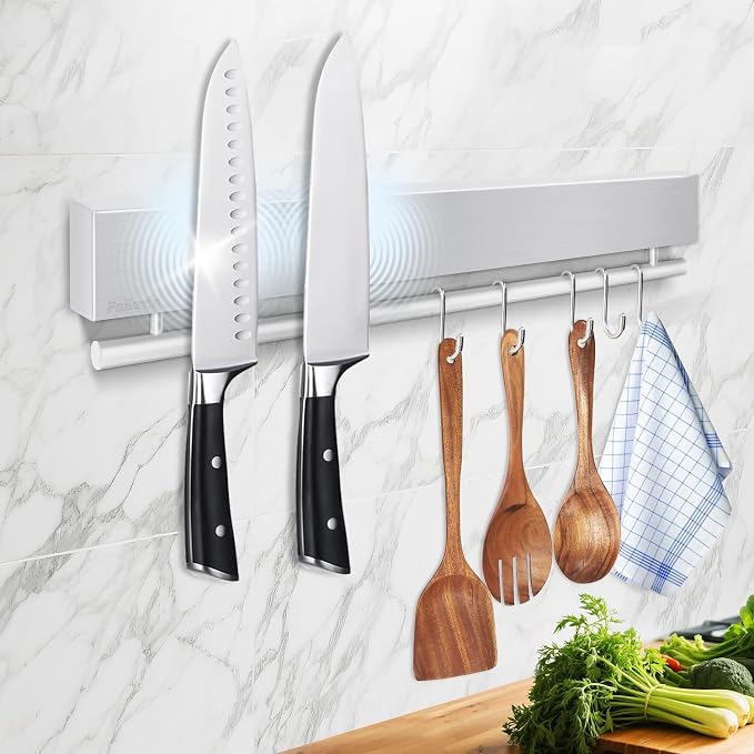 12 Inch Magnetic Knife Holder for Wall - Stainless Steel Magnet Knife Strip No Drill with 5 Hooks/Adhesive Tape/Screws, Kitchen Utensil Holder, Magnetic Knife Organizer, Wall Mounted Knife Storage by Unknown