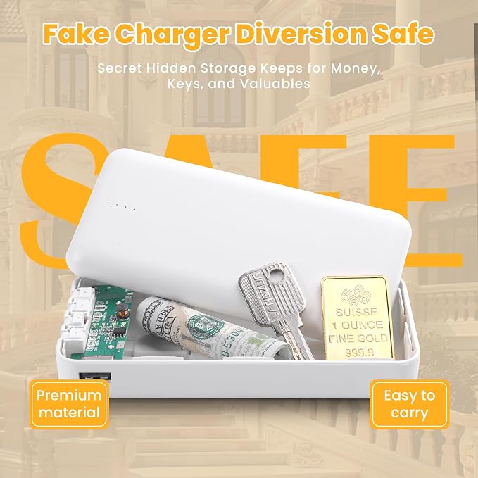 BarGifts Hidden Safe Power Bank, Fake Power Charger Diversion Safe, Large Hidden Storage Box, Secret Safe Keeps Cash, Keys, Jewelry, and Valuables for Home, Travel, and Office- White - Image 5