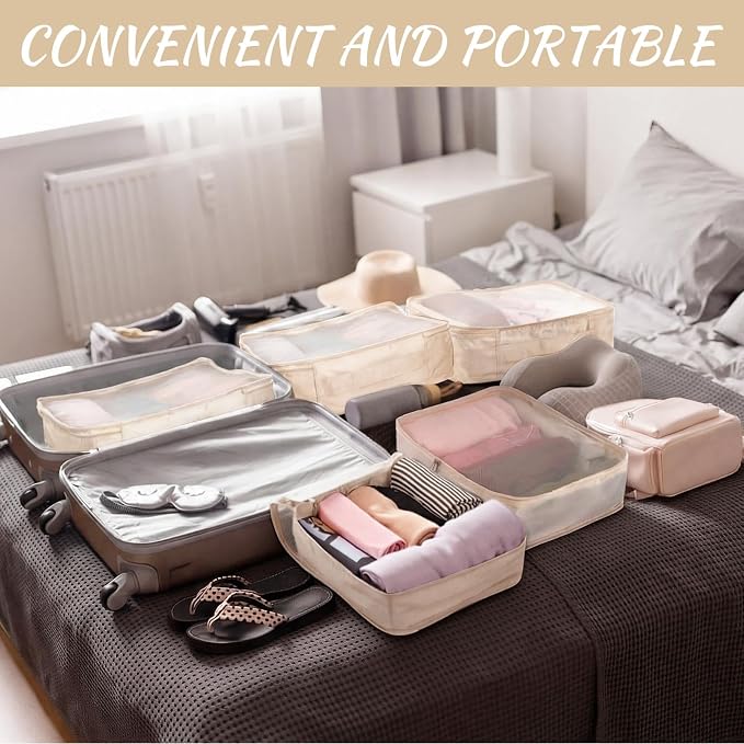 Silkfly 8 Pcs XL Packing Cube for Travel Luggage,Simple,Beige | 17.7 x 13 x 4.7, Same Size, Beige Suitcase Storage Organizer Set, Reusable Mesh Clothes Cube for Hiking Camp Family Accessory - Image 4