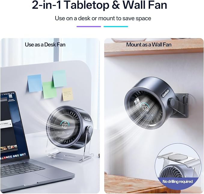USB Desk Fan for Bedroom: 100 Speeds Digital Display Quiet Portable Fan with Turbo Airflow, 120° Rotating Small Rechargeable Battery Desktop & Wall-Mounted Fans for Bedroom Home Office (Black) - Image 4