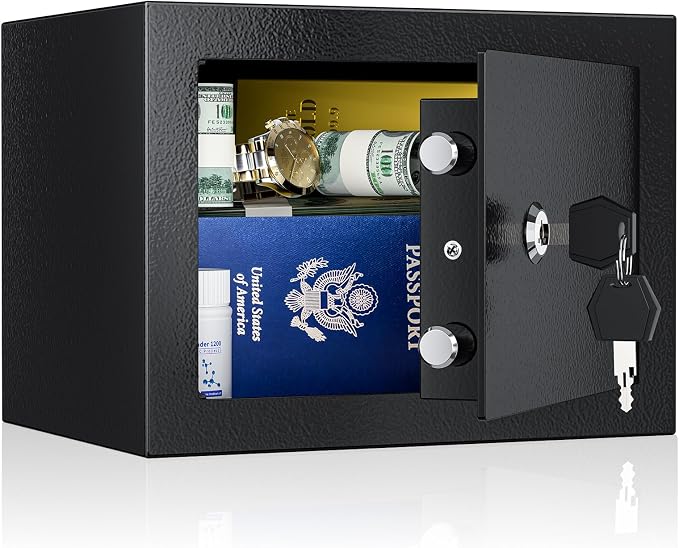 Small Safe with Key for Money, 0.25 Cu Ft Key Lock Box (Black) | Small Safe Box Coffre Fort for Money Cash Jewelry Medicine Passport, Steel High Security Safety Box by WASJOYEUS