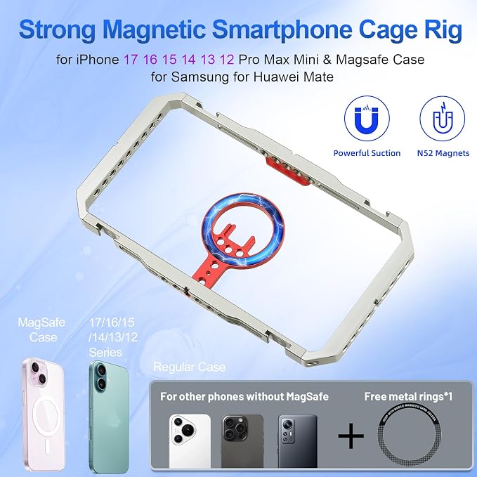 Leftfoto Metal Strong Magnetic Phone Stabilizer Cage Smartphone Rig Stand with Dual Handles for iPhone 17 16 15 14 13 12 Pro Max Mini & Magsafe Case for Samsung,for Vlogging/Video Shooting - Image 3