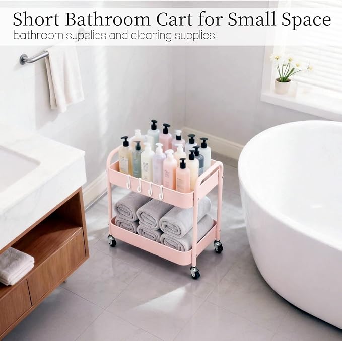 Pink 2 Tier Rolling Cart Metal with Wheels Under Desk Storage Cart for Small Space Organization, Small Trolley for Pantry Room Laundry Bathroom Kitchen Office Art Snack Baby Supplies - Image 6
