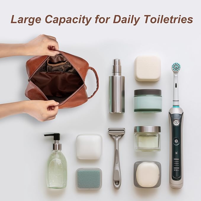 Travel Toiletry Bag for Men and Women, Travel Shaving Dopp Kit Water-resistant Bathroom Toiletries Organizer PU Leather Cosmetic Bags (Brown) - Image 2