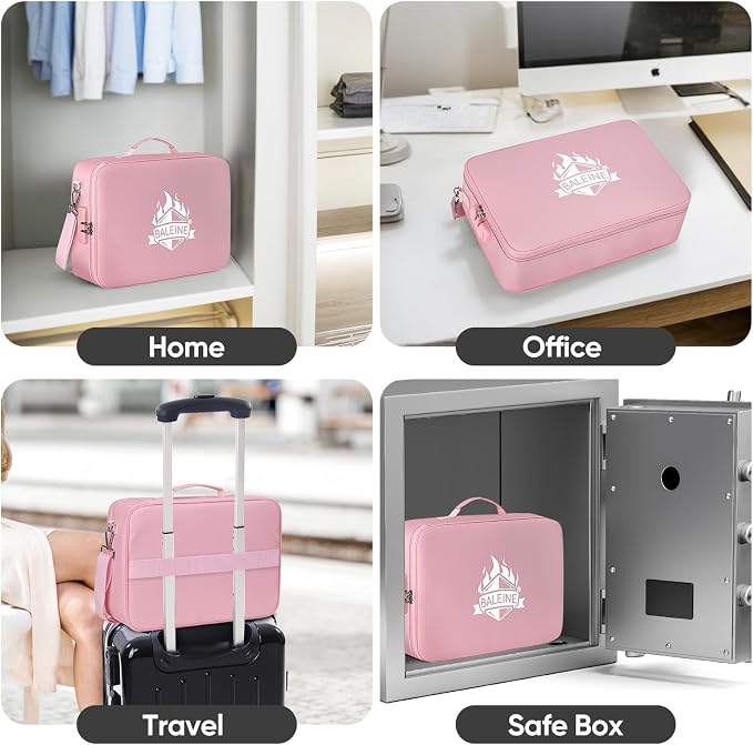 BALEINE Fireproof Document Box with Lock, Portable Fireproof Document Bag Waterproof Fire Proof File Boxes for Documents, File Organizer Box for Important Paperwork (Pink, 15''x11''x4'') - Image 9