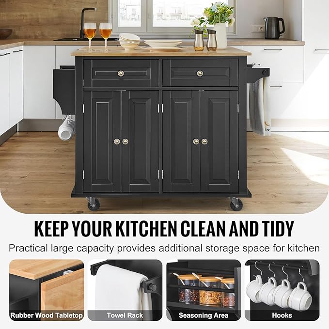 VEVOR Kitchen Island Cart, 35" Wood Top Mobile Carts with Storage Cabinet, Rolling Table with Drop Leaf, Spice Rack, Towel Bar, Adjustable Shelf, Drawer, and Hooks, Portable Islands on Wheels, Black | Rolling Table with Drop Leaf, Spice Rack, Towel Bar... - Image 4