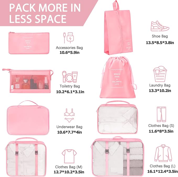 KPX 8 Set Packing Cubes for Travel, Luggage Packing Organizers Accessories Large Toiletries Bag for Clothes Shoes Cosmetics (Pink) - Image 2