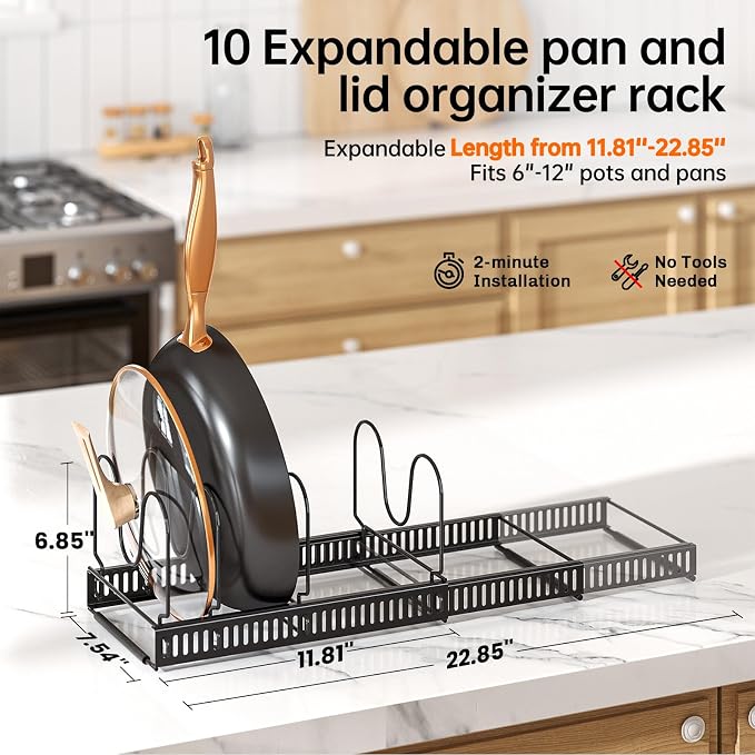 MUDEELA Expandable Pot Pan Lid Organizers inside Cabinet, 10 Divider 2-Pack | Expandable 11.8–22.9", 10 Adjustable Divider, Tool-Free Assembly, Non-Slip, Scratch-Proof, For Pan Lid Cutting Board Bakeware - Image 2