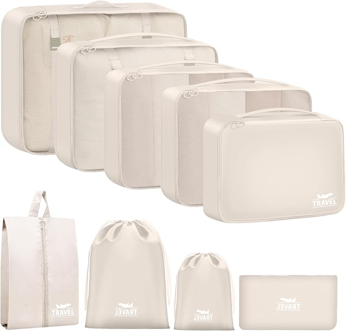 9 Set Packing Cubes for Travel Essentials - Lightweight Carry-On Luggage Organizer Bags with Shoe, Clothes & Laundry Bags for Airplane, Family & Business Travel, Beige by Unknown