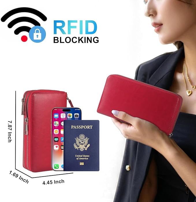 Women’s Wallet for Cell Phone Anti Theft Wristlet Bag with Strap RFID Blocking Double Zipper, Red - Image 2