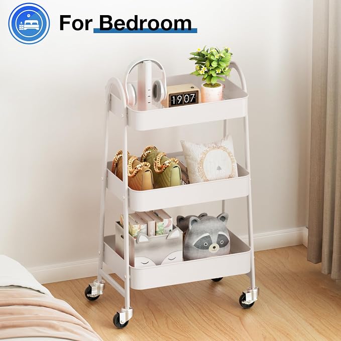 OLIXIS Metal Rolling Storage Utility Cart with Lockable Wheels 3 Tiers | Mobile Organizer Shelf, Space-Saving, Freestanding, Bathroom, Living Room, Slim, Narrow Corner Spaces, White - Image 6