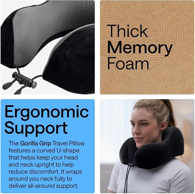 GORILLA GRIP Travel Neck Pillow for Airplanes, CertiPUR-US® Memory Foam Cooling Mesh Pillows, Soft Velvet Washable Cover, Support Headrest for Sleeping, Traveling Essentials Flight Accessories, Black - Image 3