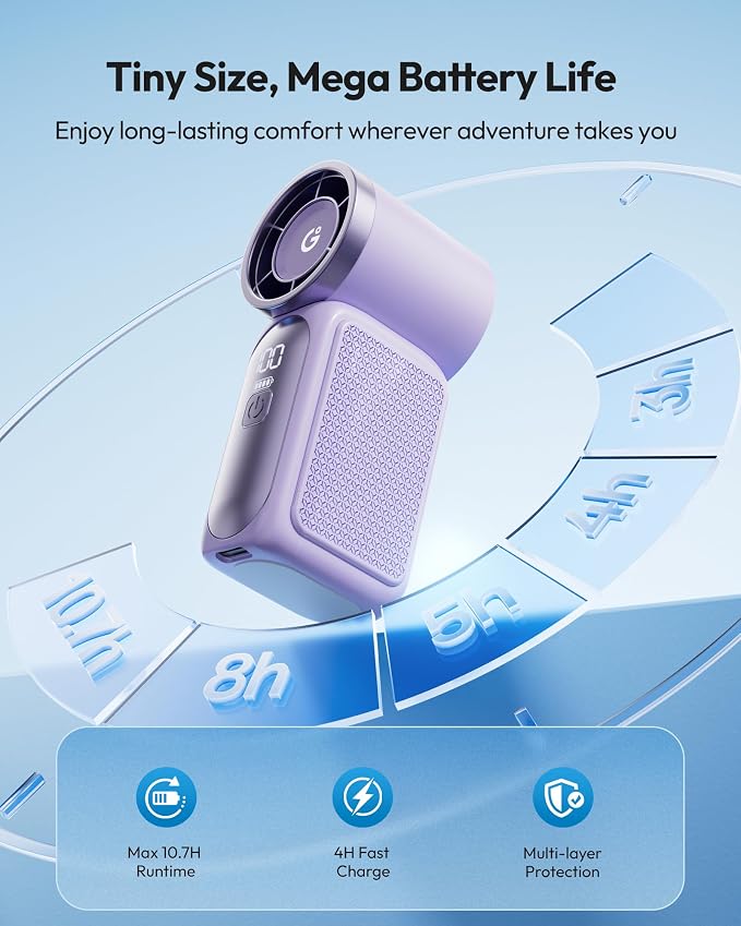 Gaiatop Portable Handheld Mini Fan, 6 Speeds 16900 RPM High Velocity Personal Fan with LED Display, USB Rechargeable, Mini Fan with Lanyard for Makeup, Travel, Outdoor, for Women Girl Gift, Purple - Image 8