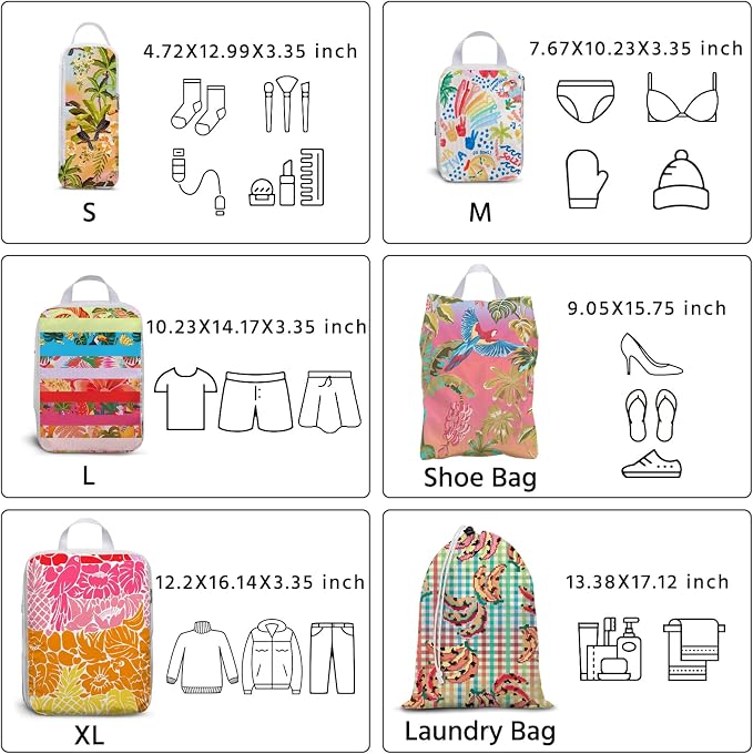 6 Pcs Compression Packing Cubes Waterproof Suitcase Travel Bag Luggage Backpack Organizer Travel Cubes for Packing-Tropical Banana - Image 5