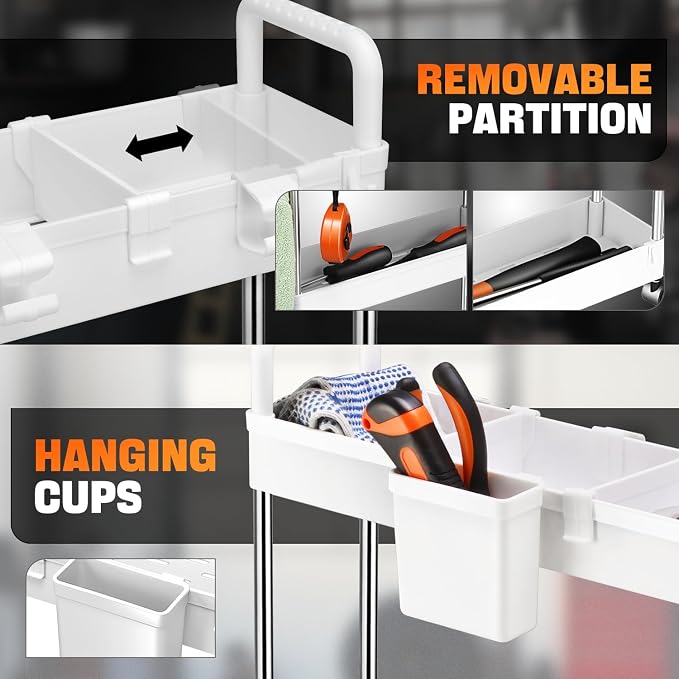Auto Dynasty 4-Tier Rolling Utility Cart w/Handle, Narrow Storage, White | Sturdy Steel Frame, Smooth-Rolling Casters, Multifunctional Shelves, Space-Saving Slim Design, for Office/Kitchen/Bathroom - Image 7