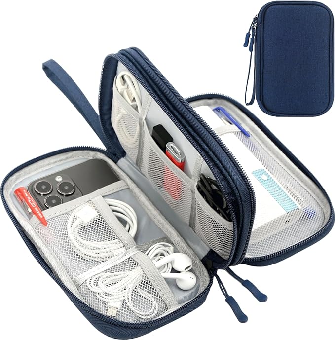 CAAORDKSO Electronic Organizer Travel Cable Accessories Bag, Double Layer Tech Pouch Accessories Carry Case, Travel Essentials for Cable, Cord, Charger, Phone, Power Bank, Earphone (Navy Blue, Large) by Unknown