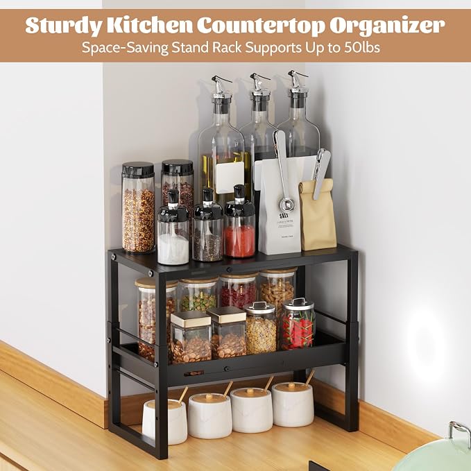 Adjustable Kitchen Countertop Organizer, 2-Tier Expandable Cabinet Counter Shelves, Heavy Duty Steel Pantry Organizers and Storage Shelf Rack Stand Riser, Adjustable Length & Height, Black - Image 3