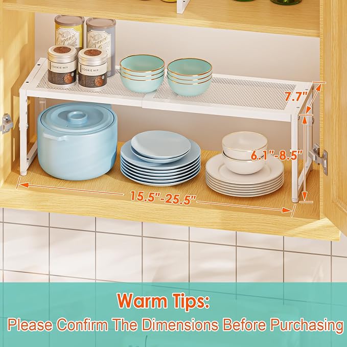 2 Pack Expandable Cabinet Shelf Organizer, Adjustable Kitchen Countertop Metal Storage Shelves Organizers, Stackable Kitchen Counter Pantry Cupboard Storage Rack, 30LBS Load Capacity,15.5"-25.5" Long - Image 8