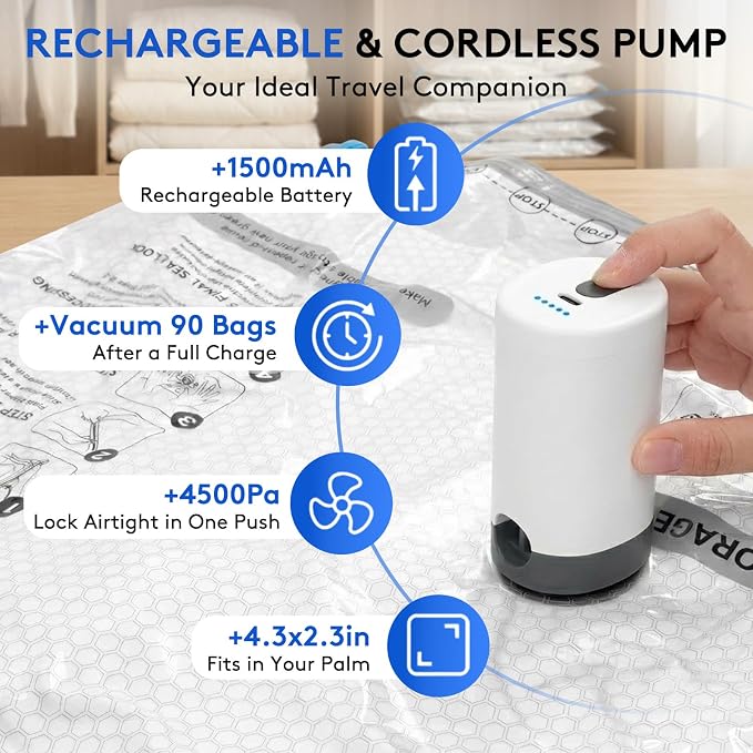 18 Packs Vacuum Bags for Travel with Rechargeable Pump, 3 Sizes Vacuum Seal Bags for Clothing, Compression Vacuum Travel Bags for Luggage, Vacuum Packing Bags for Closet Organization - Image 3