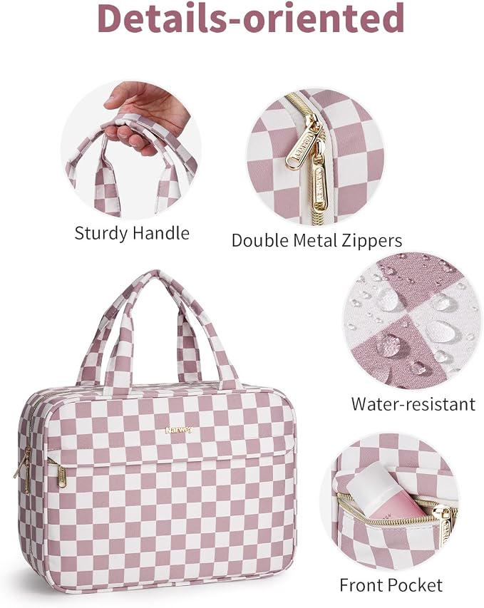 Narwey Hanging Travel Toiletry Bag for Women Checkered Makeup Bag Organizer Cosmetic Make up Toiletries Bag for Travel Essentials Accessories (Dusty Pink Checkerboard, Large) - Image 5