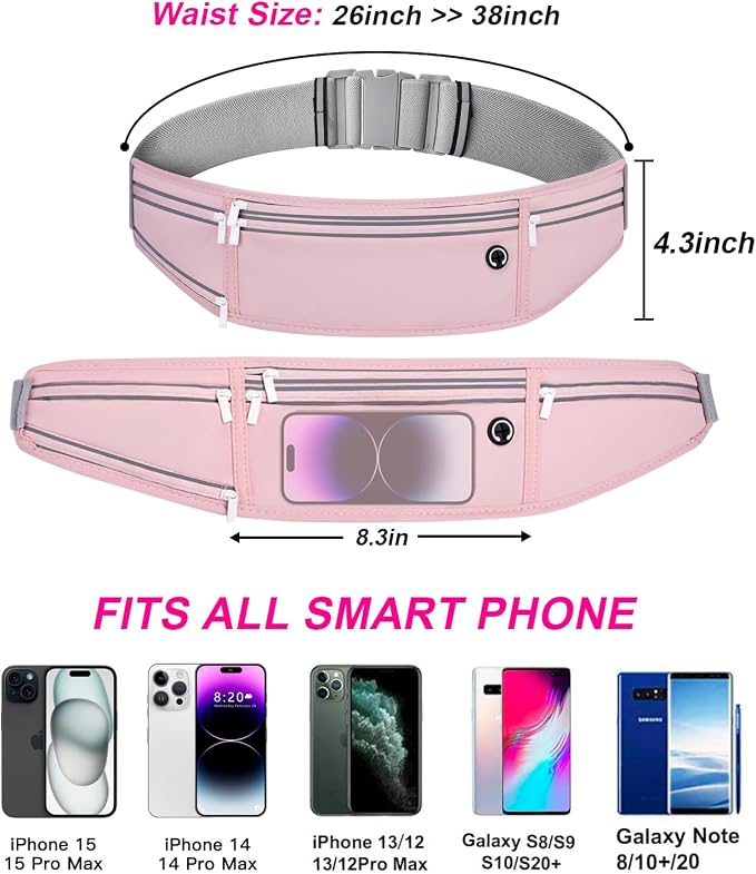 Slim Running Belt for Women Men,Runners Fanny Pack Phone Holder,Money Belt,Running Gear Accessories,with 3 Pockets (Jet Pink) - Image 7